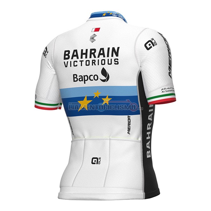Abbigliamento Ciclismo European Champion Bahrain Victorious Manica Corta 2022 Blu Bianco